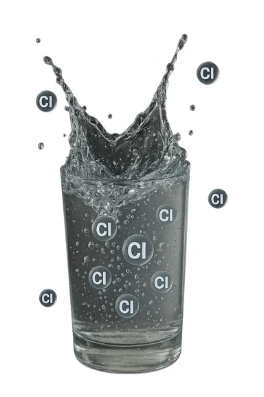 un bicchiere di acqua cade verticalmente dall'alto realistico e dettagliato, dentro l'acqua del bicchiere ci sono particelle di cloro ben visibili con la scritta "Cl" sopra, ci sono particelle anche che escono dal bicchiere e fluttuano in aria verticalmente, mentre alcune sono all'interno dell'acqua nel bicchiere, iperrealistico 4k sticker