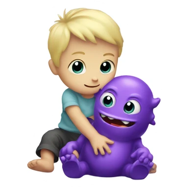 Little blonde baby boy playing with a purple monster friend sticker
