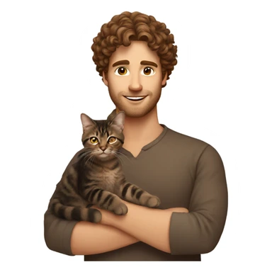 Man with brown curly hair holding dark brown tabby cat sticker