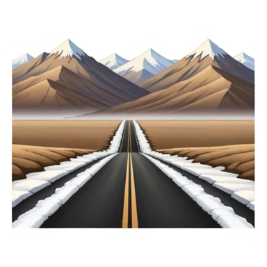 A long straight dirt road that disappears into the horizon half way up the screen from the perspective of someone sitting in the middle of the road looking down it. Flat snow fields on both sides of the road with huge looming mountains above the roads horizon line.  sticker