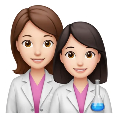 cientificas con blusa rosa y bata blanca felices, una chica con pelo marrón y otra chica con pelo negro sticker