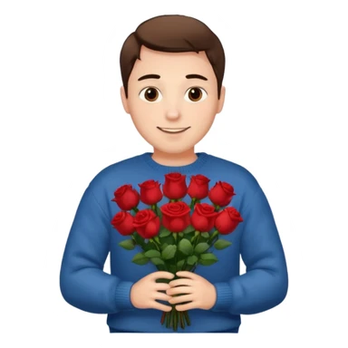 male memoji, man in a cozy sweater, holding a bouquet of red roses, soft smile sticker