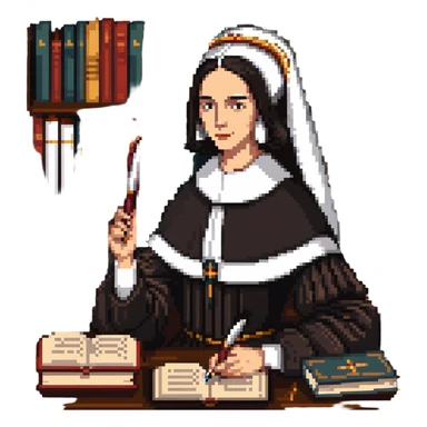 Sor Juana Inés de la Cruz with a quill pen and books sticker