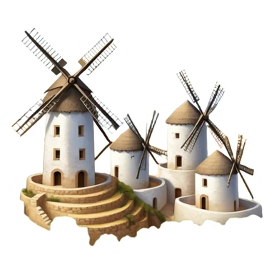​Cinematic Realistic Spanish Windmills (Mota del Cuervo), depicted as a cluster of gracefully aged windmills with weathered whitewashed facades and rustic wooden sails, standing proudly on a sunlit, rolling hillside of golden fields and olive groves, rendered with intricate textures and soft natural lighting that captures the timeless rural charm and historical significance of the Spanish landscape, sticker