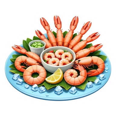 Create a realistic seafood platter with cooked prawns, ice, & garnish. sticker