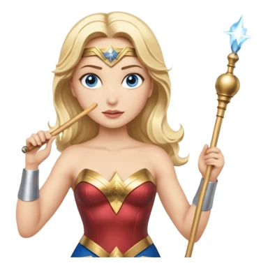 Blonde blue eyed Wonder Woman holding white orchestra conductor’s baton and bell  sticker