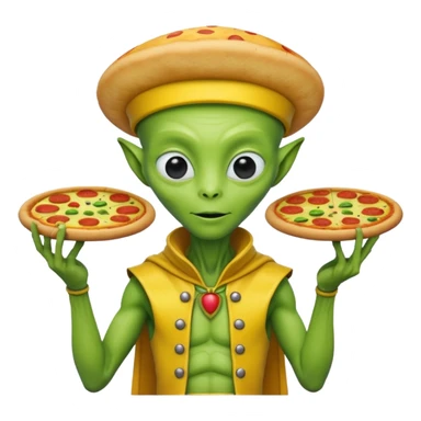 alien, wearing yellow ancient custome, with pizza sticker