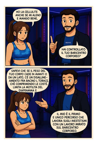 PRENDI SPUNTO DA QUESTO STILE FACENDO UN WEBTOON/MANGA:

LEI (DONNA): Ho la cellulite anche se mi alleno e mangio bene, cosa posso fare?

LUI (UOMO): Hai controllato il tuo baricentro corporeo?
LUI (UOMO): Sapevi che se il peso del tuo corpo cade in avanti o da un lato, c’è un disallineamento fra bacino e torace, che comprimendo le coste, limita la motilità del diaframma e l’ossigenazione dei tessuti?
LUI (UOMO): Il mio è il primo e unico percorso che lavora sugli inestetismi con un lavoro mirato sul baricentro corporeo. sticker