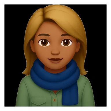 Edit the image of a girl with wheatish complexion, light green shirt, and jeans to change the scarf color to blue. Keep the rest of the image the same. The original style is emoji style, so maintain a simple and clean emoji-like appearance. sticker