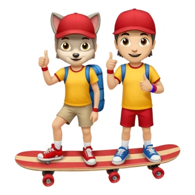 A gray wolf with large, expressive eyes and a friendly smile. The gray wolf is wearing a bright yellow T-shirt, red shorts, white knee socks, and sneakers. The baseball cap is worn backwards. The wolf holds a skateboard in one hand and gives a thumbs-up with the other, a confident and cheerful pose. sticker