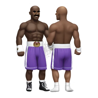 Evander Holyfield in his prime, bald, in boxing attire, purple shorts, with guard half up sticker
