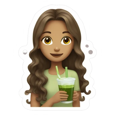 A brown wavy haired girl who’s drink matcha with long hair  sticker