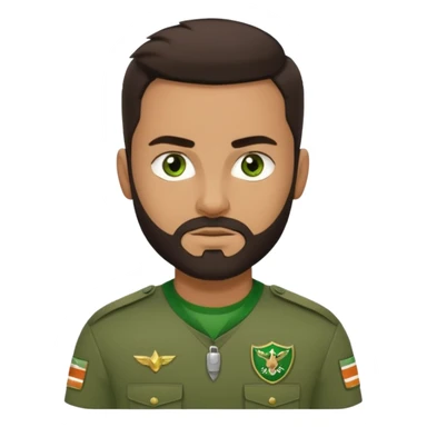 A strong young man, with a dark brown short goatie beard, thick eyebrows, green eyes, faded styled dark brown hair, and a green Uniform that says on the left chest "CC Team Seba" sticker