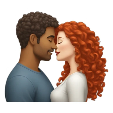 Brown man with a hair cut fade kissing a White woman with long red curly hair sticker