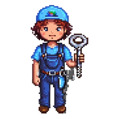 Bright colorful pixel art IT technician holding a car repair tool key sticker