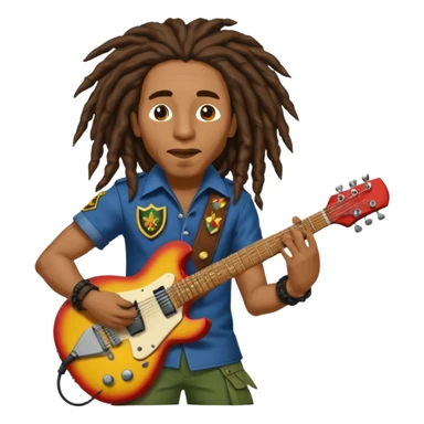 Bob Marley with dread locks play electric guitar in form heraldic crest sticker