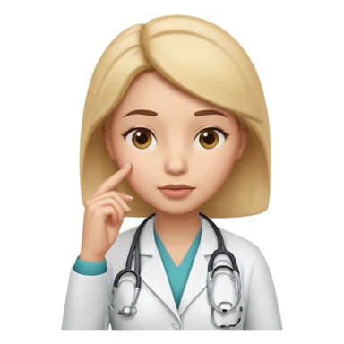 3D memoji female doctor, hand touching chin in thinking pose, thoughtful expression, slightly narrowed eyes, professional medical look, isolated PNG sticker