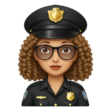 woman police wearing black dress with sun glasses curly hair and hat sticker
