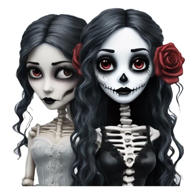 full body, hyper realism, full height skeleton, tim burton "corpse bride", thin porcelain doll with a cracked face, goth makeup watery eyes, long hair, lace and ruffles, lolita style, inked, black and white, red roses sticker