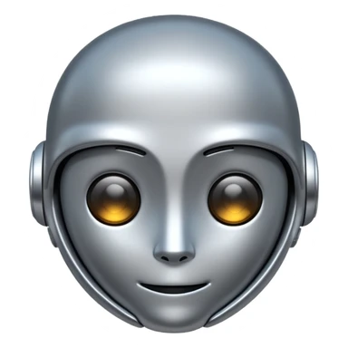 A cute futuristic robot emoji made of silver chrome, rounded friendly body, minimal facial features, glossy metallic surface, soft reflections, iOS emoji style, centered, clean white background sticker