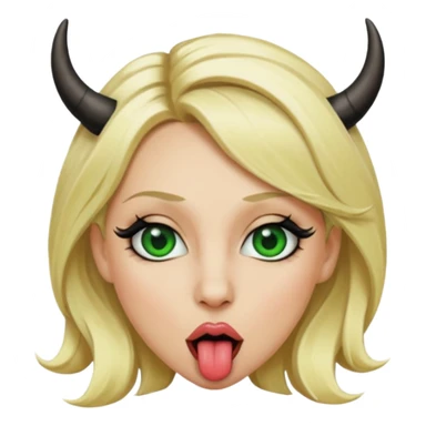 Emoji femme blonde cheveux blond, yeux vert avec de long cils noir qui tire la langue et à des cornes  sticker