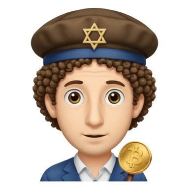 A Jewish man with a big nose and curly hair wearing a Jewish hat with his eyes as coins sticker
