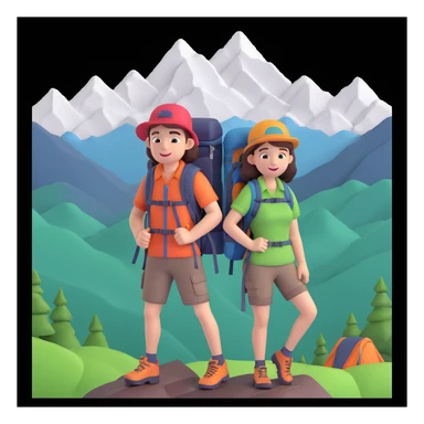 back packer couple posing, mountains in background,   close up pose sticker
