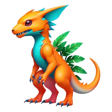 Tropical futuristic lush warm-colored modern colorful neon-colored Fakémon-Digimon-Trico-creature sticker
