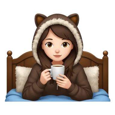 a brunette girl sitting cozily in her bed and a fur hoodie sipping coffee sticker