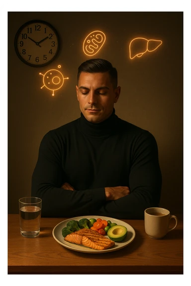 A realistic, cinematic illustration of a healthy, fit man in his early 30s with a calm, disciplined expression, sitting at a clean wooden table in the evening with a single, balanced, nutrient-dense meal in front of him (grilled salmon, colorful vegetables, avocado). The rest of the day he drinks only water and herbal tea, visible in a glass and a simple cup on the side. A wall clock in the background shows 6:00 PM, emphasizing that this is his only meal of the day (OMAD). Subtle glowing icons above him display a regenerating cell, mitochondria, and a liver symbol, representing autophagy, longevity, and health benefits of OMAD. The lighting is warm, with cinematic shadows and natural tones, creating a sense of discipline, mental clarity, and health optimization. The man looks centered and content, showing that OMAD is a conscious choice for energy and regeneration, not restrizione. The scene is realistic with slight film grain for depth sticker