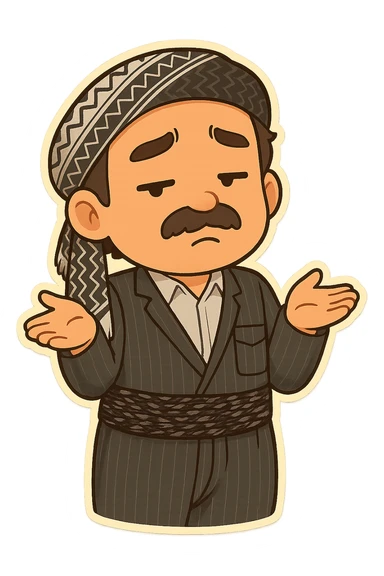 Create a colorful and cheerful cartoon sticker of a Kurdish man wearing the same clothes and scarf as the reference image, with no changes to the outfit or scarf. The face should have an indifferent or 'I don't know' expression similar to the 🤷‍♂️ emoji. Both hands are open and shoulders raised. The image should have no shadows or color halos around it, no text, and a completely transparent background. Suitable for WhatsApp and Instagram. sticker