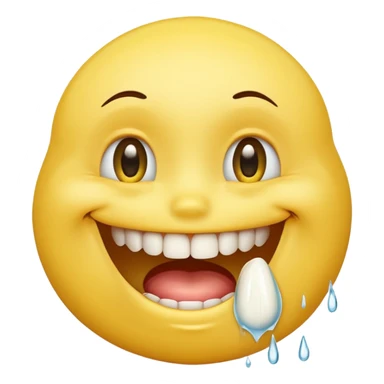 Yellow smiley face holding back tears with realistic watery eyes, and a big human tooth smile sticker