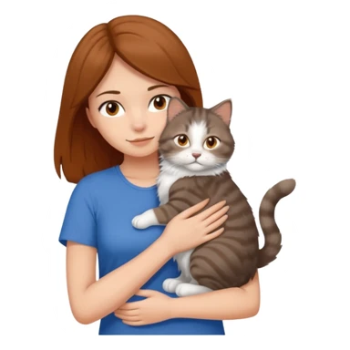 a white girl with brown and hair and a blue top hugging a siberian cat color brown, orange, gray, mixed colors sticker