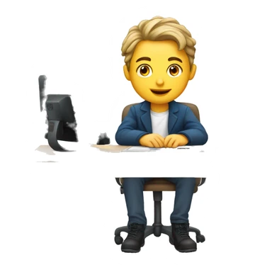 European schoolboy sitting at desk,  computer on desk sticker