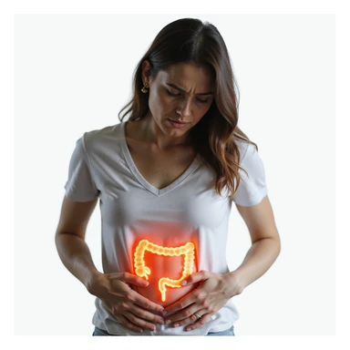 realistic woman with expression of pain, holding hands on abdomen, intestinal area highlighted with slight redness or glowing halo indicating inflammation, hyperrealistic 4K details, vertical 9:16 format, neutral or white background sticker