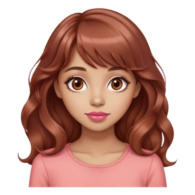 cute woman, light tan skin, big brown eyes, long wavy auburn hair, bangs, pink top, coral lipstick sticker