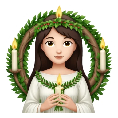  saint lucia with dark brown hair with a white gown and a wreath made from greenery and candles on top of it sticker