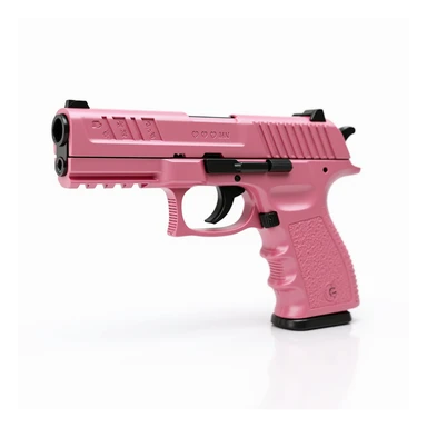 photorealistic pink pistol with heart motifs engraved on the handle, metallic shine, isolated on white sticker