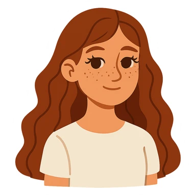 flat-toon style adolescent girl with long wavy hair, freckles, long eyelashes, white top, no background sticker