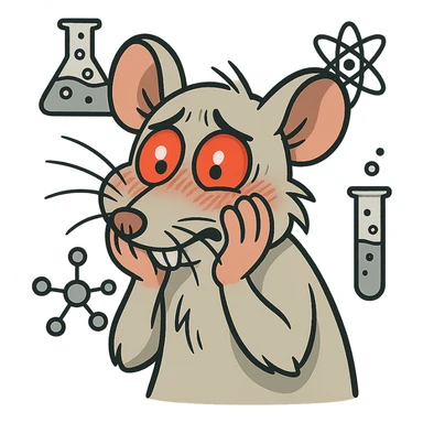 An embarrassed lab rat with red glowing eyes, blushing cheeks, paws on face, light gray fur, cartoon style with detailed whiskers and scientific elements, not in kawaii style. sticker