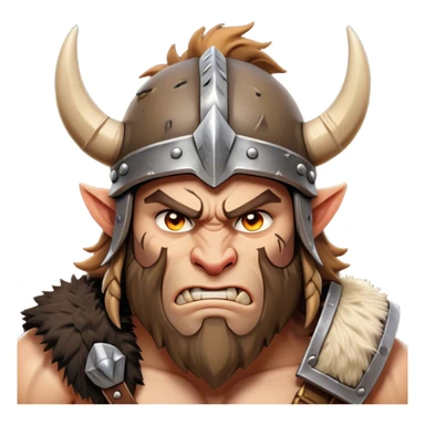 Clash of Clans aesthetic: Cinematic Fierce Barbarian Portrait Emoji, Poised and bold with a rugged yet cartoonish build in tattered furs and a horned helmet, his face rendered in a natural skin tone (not yellow), expressive bright eyes and a confident smirk, Simplified yet dynamic features, highly detailed, glowing with a vivid, adventurous aura, high shine, heroic and spirited, stylized with an air of medieval warrior charm, focused and energetic, soft glowing outline, capturing the essence of a fearless barbarian adventurer ready to lead his clan with spirited valor! sticker