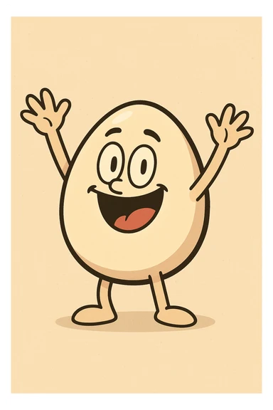 an egg character with hands in the air, cheerful expression, flat illustration style sticker