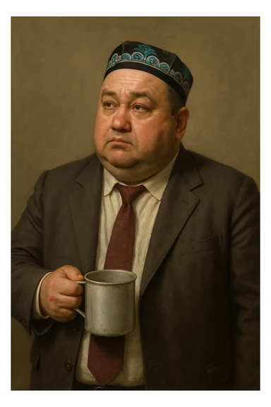 Сгенерируй мне с кружкой толстого чиновника в пиджаке и узбекской тюбитейке, он стоит как будто ждет что в кружку что то нальют, в стиле реалистичной живописи на однородном фоне. Кружка металическая советская sticker