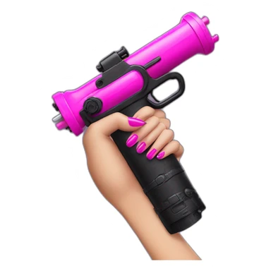 hand with pink nails holding large scary black water gun sticker