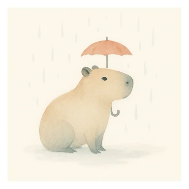 capybara holding a tiny umbrella in the rain, style 4, watercolor art style sticker