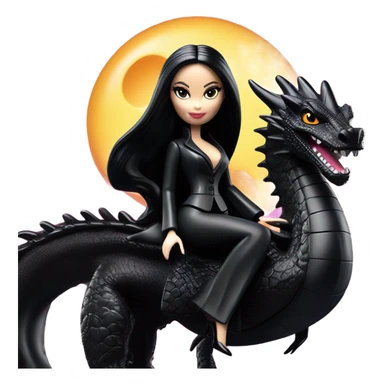  beautifully dressed teen Morticia Addams Barbie Jedi flying on the back of a very large black shiny evil-looking fire-spewing dragon. proper scale sticker