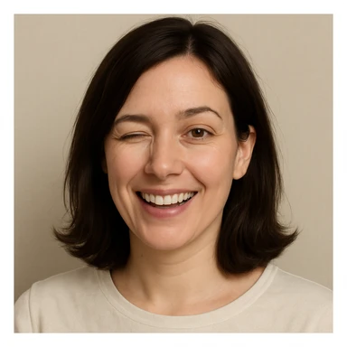 portrait of a white lady with dark brown shoulder length hair, winking, simple background sticker