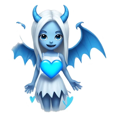 White Demon girl with blue horns and wings holding a blue heart  sticker