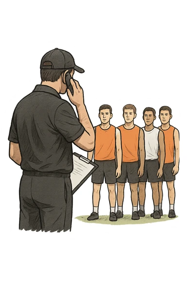 a coach is seen far away on the sidelines, partially turned away from the team or group, engaged in another activity (like reading, texting, or talking on the phone), while the athletes look toward them for support or instruction. The distance between coach and team is visually clear, symbolizing lack of presence. in italiano sticker