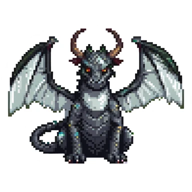 pixel art of a black dragon, big wings, two medium horns on its head sticker